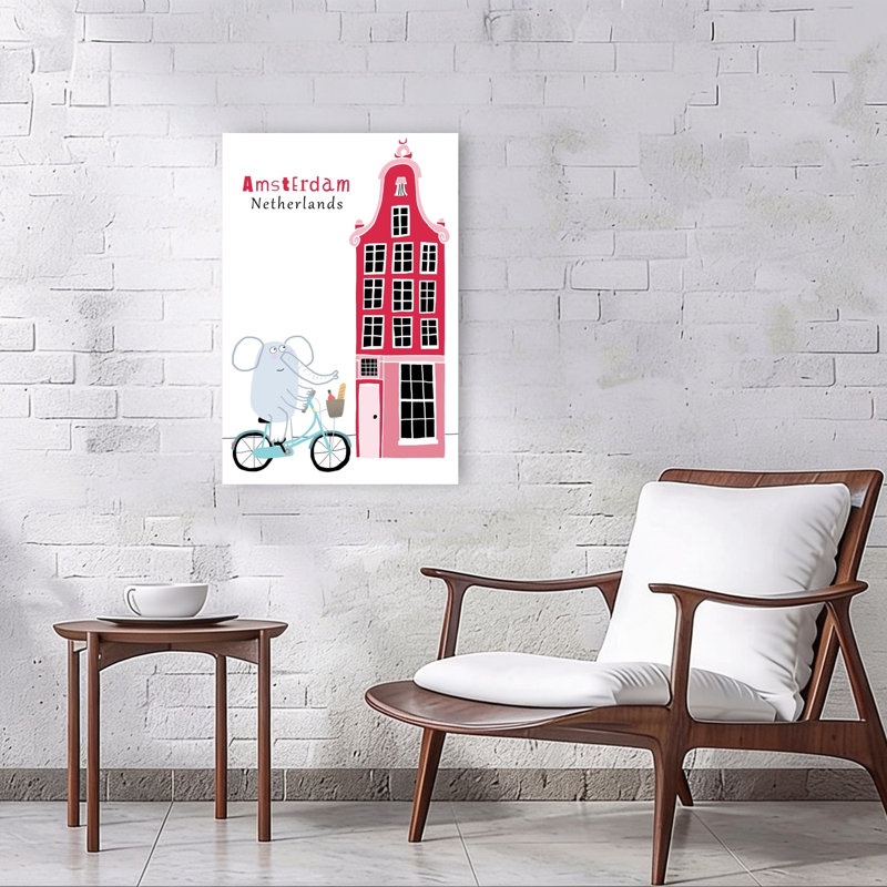 Éléphant à vélo Amsterdam Art mural abstrait et fantaisiste contemporain représentant un éléphant et représentant l'architecture urbaine