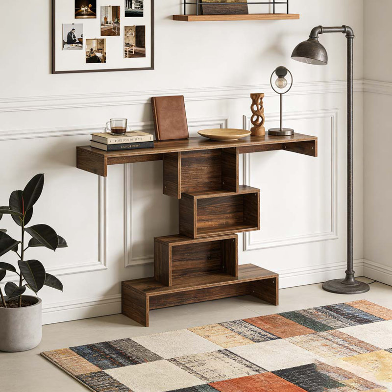 Table d'appoint en bois avec base géométrique, Brun rustique