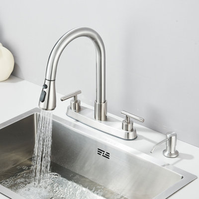 Robinet de salle de bain escamotable en nickel brossé avec deux poignées, pulvérisateur de pause et distributeur de savon Mosson