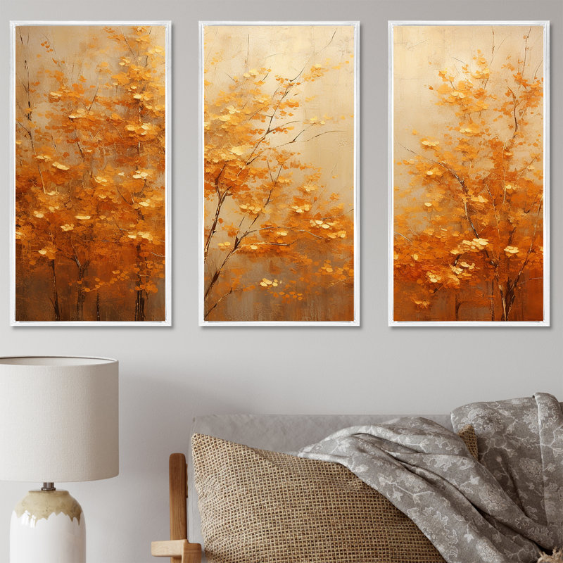 «Golden Autumn Forest Harmony I», ensemble d'art mural sur toile, Cadre flottant blanc, H 32 po x l 48 po x P 1 po