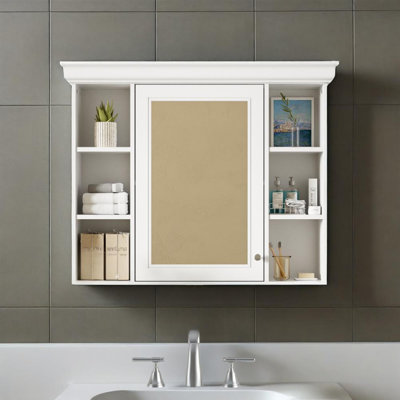 35'' X 28''wall Mounted Bathroom Storage Cabinet With Mirror Door, Medicine Cabinet With 6 Open Shelves