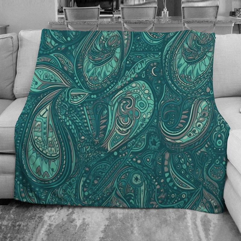 Jeté en molleton botanique, L 51 po x L 60 po, Bleu / motif cachemire turquoise