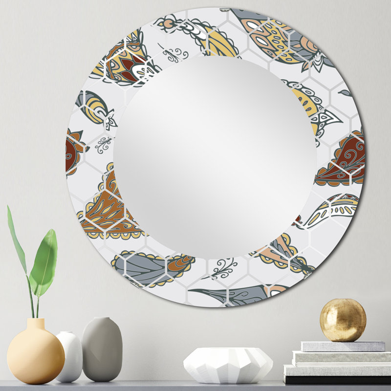 Miroir mural bohémien brun et jaune cachemire sur fond bleu, 24 po x 24 po