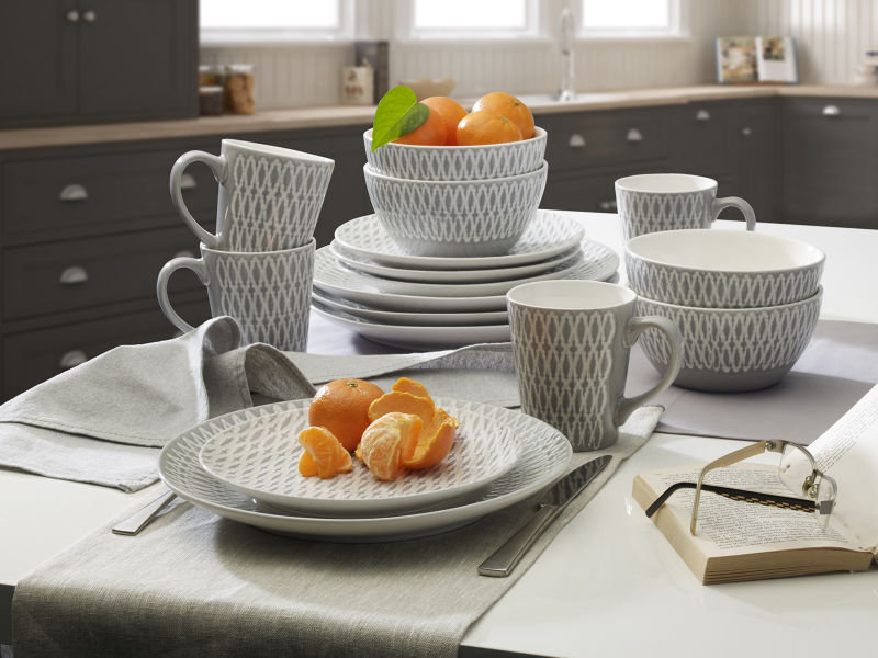 Aurora Gray Geometric Stoneware Dinnerware Set, Service for 4