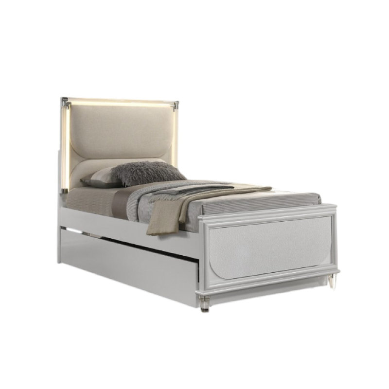 Lit double Dima avec lit gigogne escamotable et tête de lit à DEL, blanc perle, Double