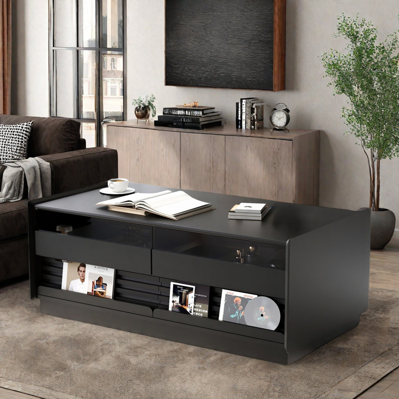 Table basse moderne moderne avec 4 tiroirs et 2 tablettes, Noir