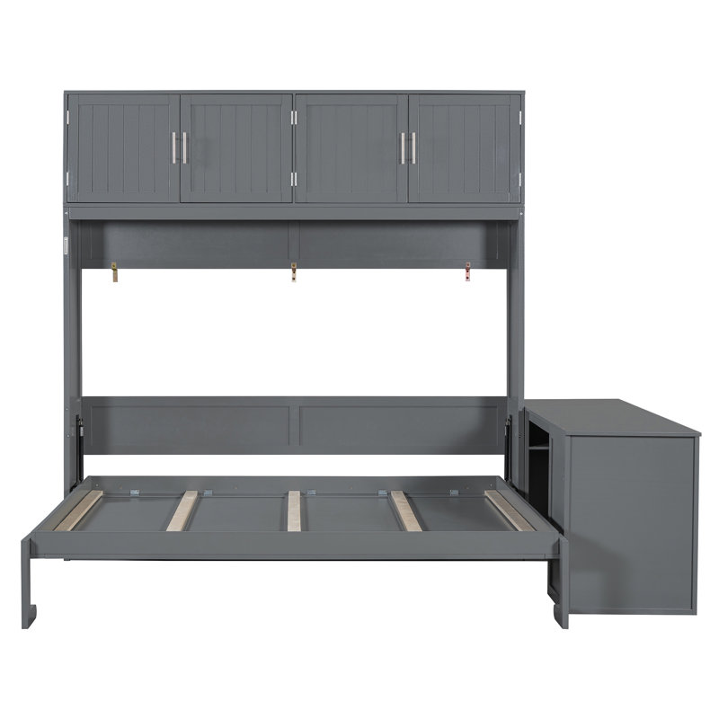 Grand lit escamotable mural avec bureau, tablettes de rangement et grandes armoires, gris, Gris