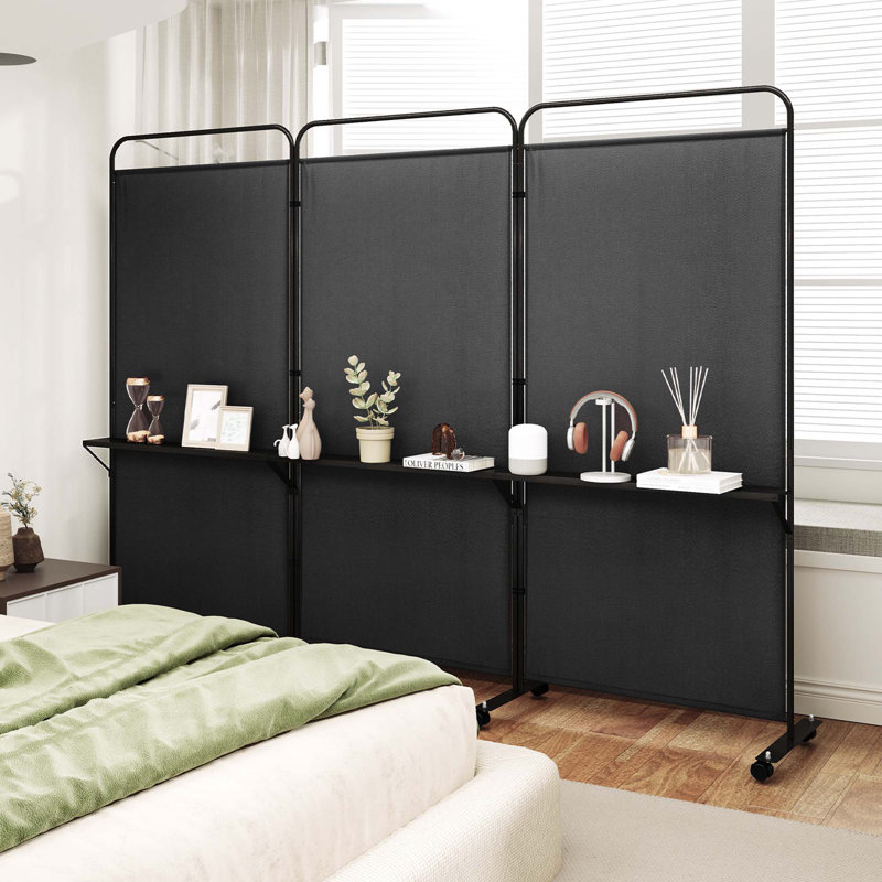 Paravent à 3 panneaux avec tablettes de rangement 6 pi, Noir, noir, noir, noir