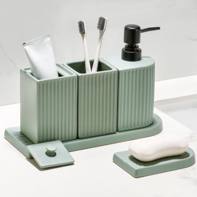 Ensemble d'accessoires de salle de bain - Porte-brosse à dents en céramique, distributeur de lotion / savon, tasse, porte-savon, porte-coton-tige