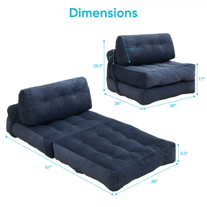 Boneless Folding Sofa Bed Convertible Sleeper Chair with Pillow, Portable Floor Couch for Small Spaces, Blue