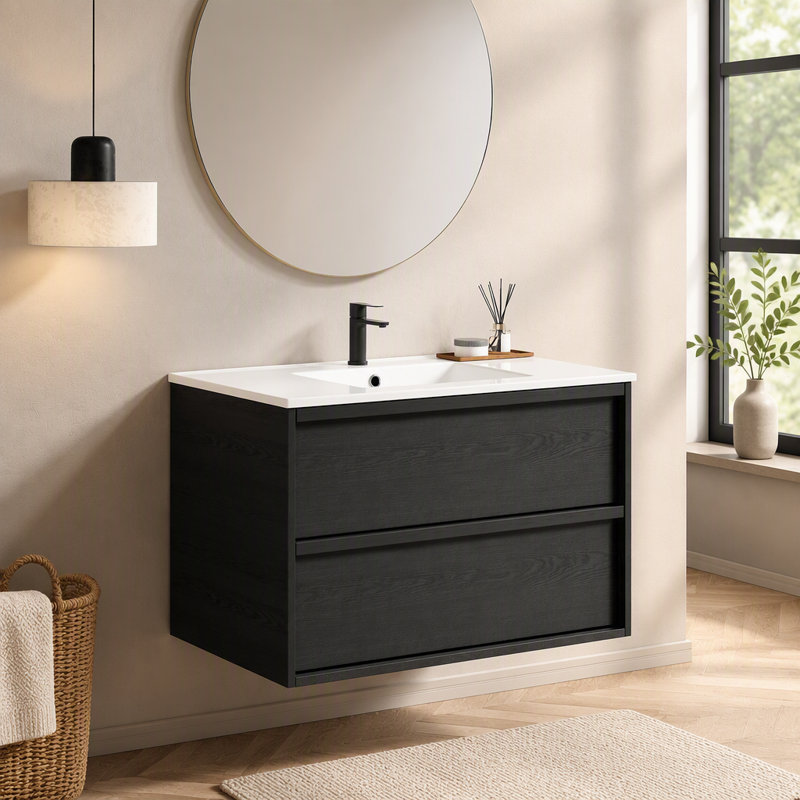 Meuble-lavabo de salle de bain avec lavabo en céramique - Meuble-lavabo mural flottant cannelé avec tiroirs, moderne, Gris