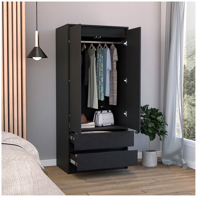 Armoire 2 tiroirs Austin, porte double, tringle, Noir
