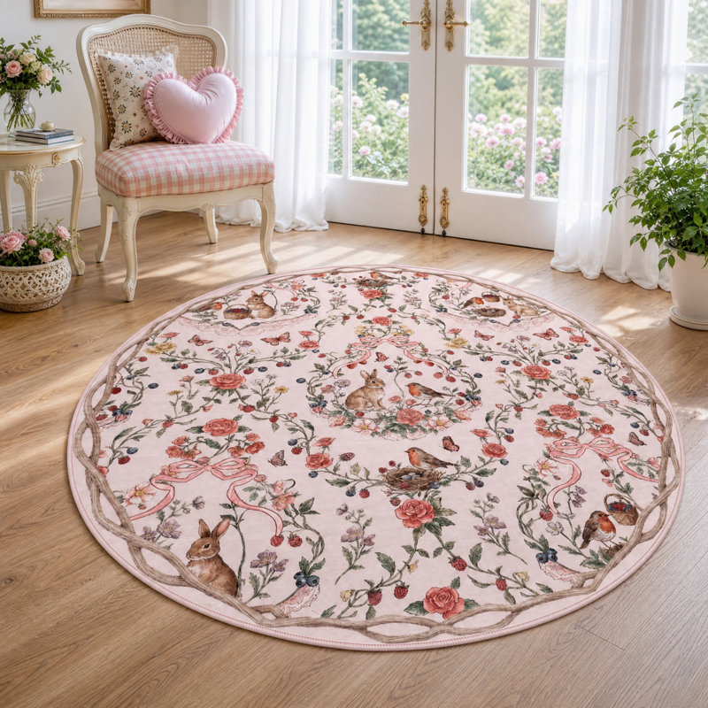 Tapis antidérapant de style forêt pastorale avec lapin et fleurs, en vison d'eau douce, Pink, Round