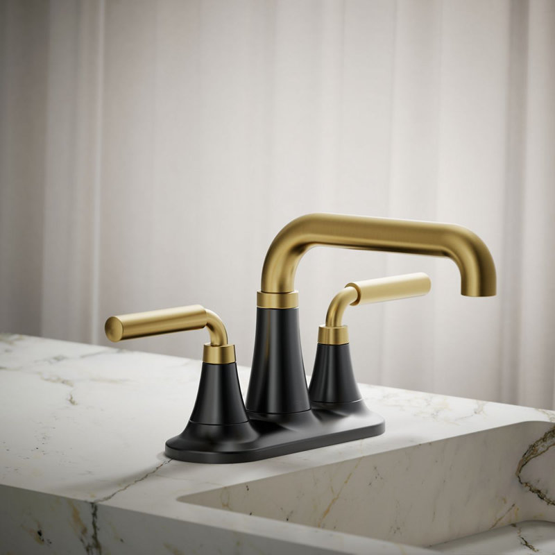 Tone Two-Handle Centerset Bathroom Sink Faucet with Clicker Drain, 1.0 GPM, Matte Black/Brass