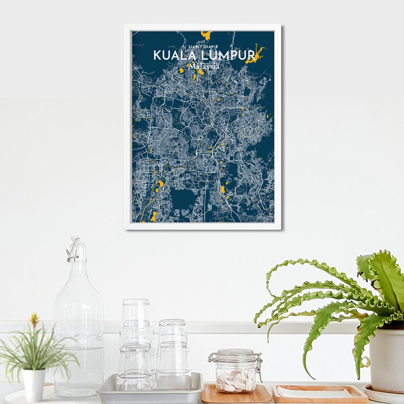 «Kuala Lumpur City Map», impression de luxe, H 24 po x l 18 po, Bleu / Jaune