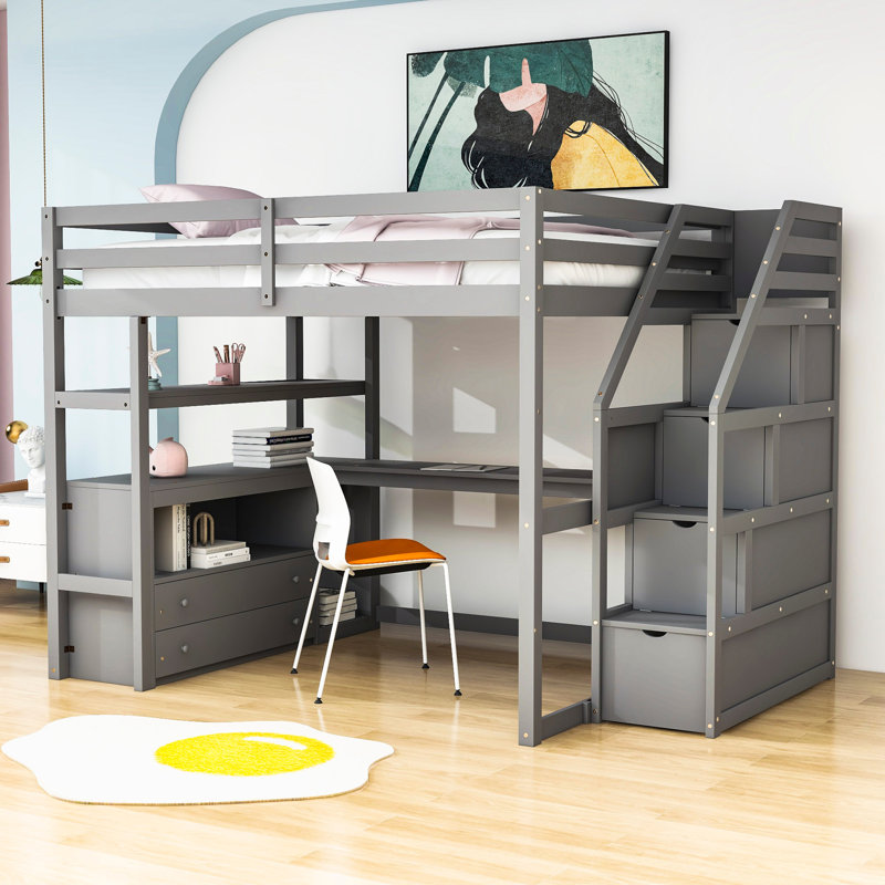 Kids Loft Bed with Drawers, Full, Gray