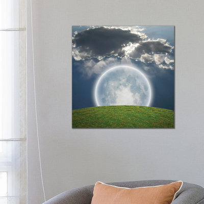 Giant Bright Moon, Green Field 1 Piece Wrapped Canvas Wall Art