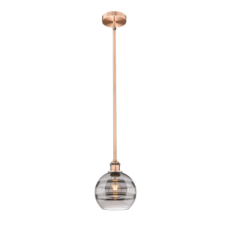 Mini-luminaire suspendu avec tige 6 po Edison Bienes-616-G556, H 9,38 po x l 8 po x P 8 po, Gris fumée clair, Cuivre antique