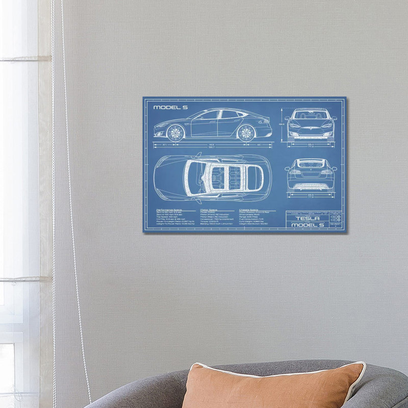 Modèle Tesla S (2016-2020) Blueprint-impression de dessin, Toile tendue, Pas de tapis, H 18 po x l 26 po x P 1,5 po