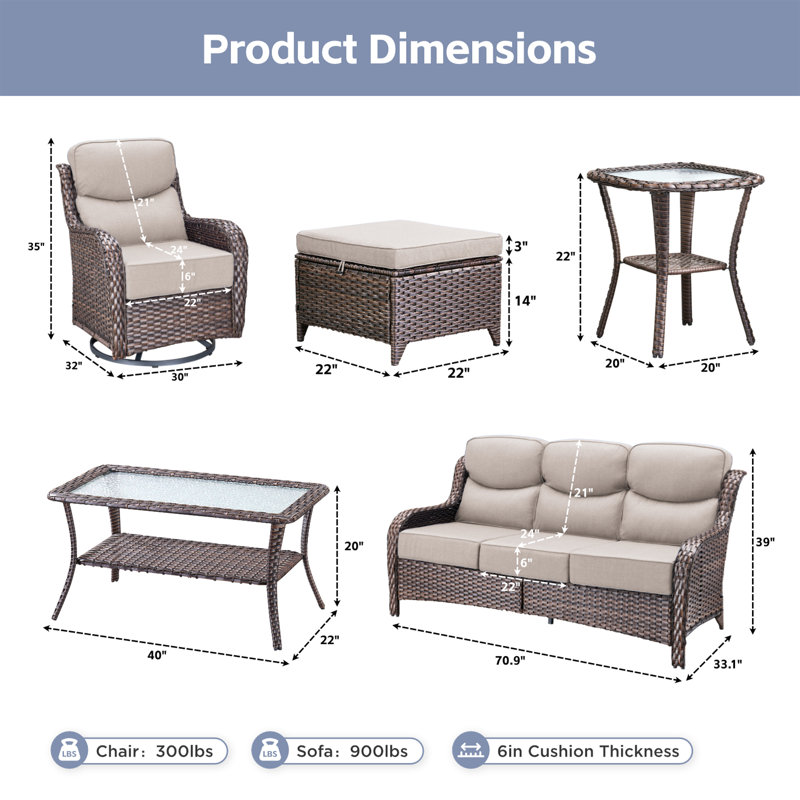 Ensemble de conversation d'extérieur en osier pour 5 à 7 personnes avec repose-pieds, Beige, Brun