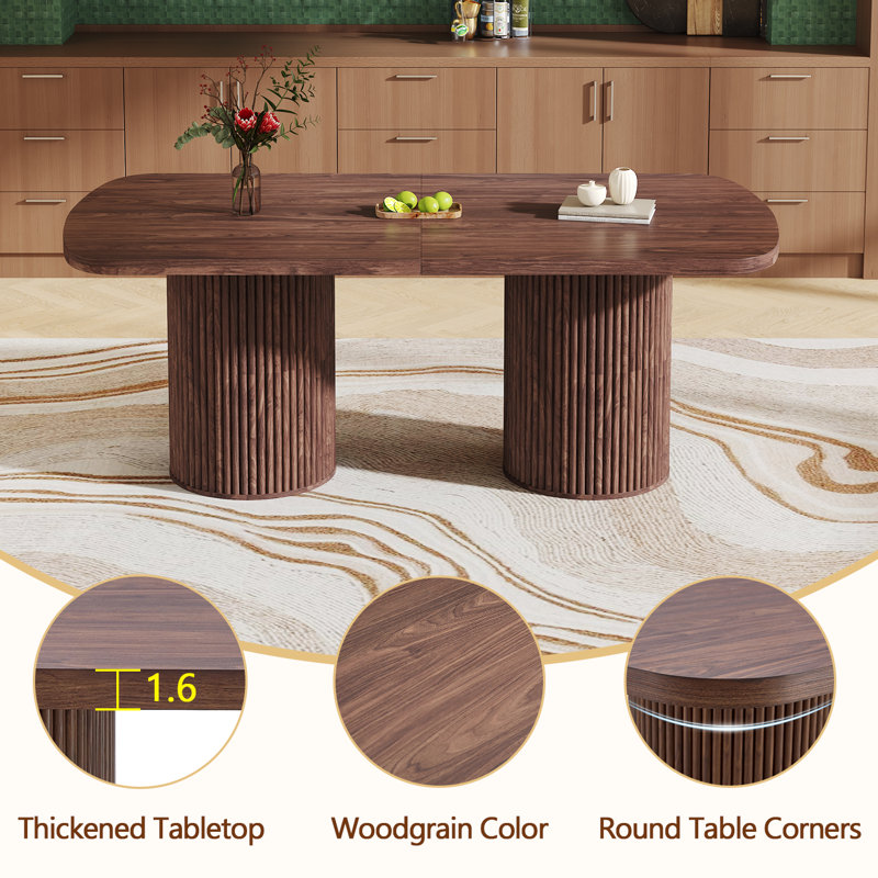 Large Farmhouse Kitchen Dinning Table Set Double Robust Pedestal, Brown Wood/Brown Wood, Brown, 9 Pieces: Table, 8 Chairs