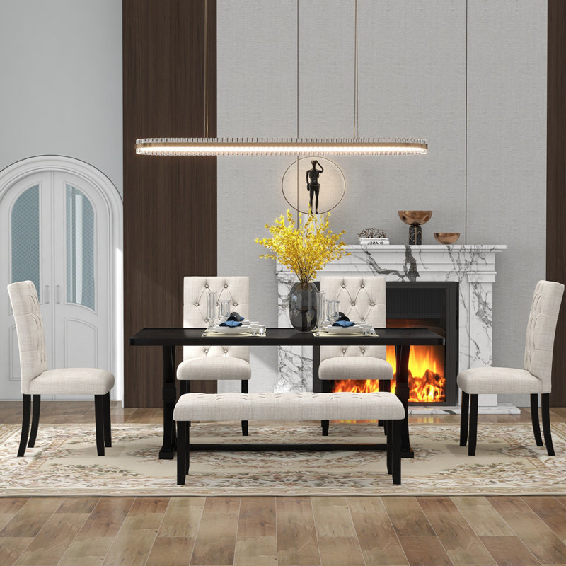 6-Piece Farmhouse Dining Table Set 72" Wood Rectangular Table, 4 Upholstered Chairs with Bench, Espresso