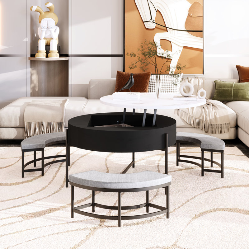 Table basse à plateau relevable moderne avec plateau de rangement moderne blanc et noir avec 3 pieds, base de conception écoénergétique, matériau, métal pour la décoration du salon