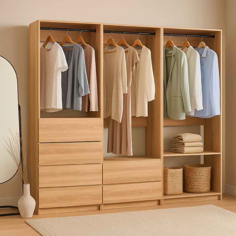 Dee Walk In Closet, Modular Freestanding Storage 4 Shelf 3 Rods, Brown, Natural Oak Brown