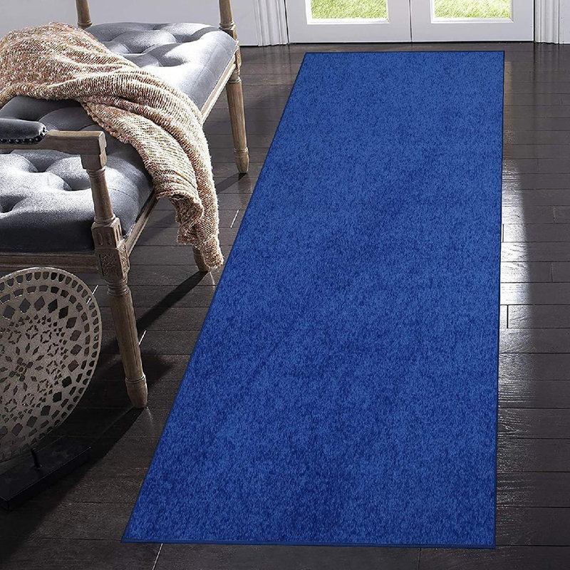 Tapis uni en polyester tissé à la machine en bleu néon, Tapis de couloir 2 pi x 10 pi