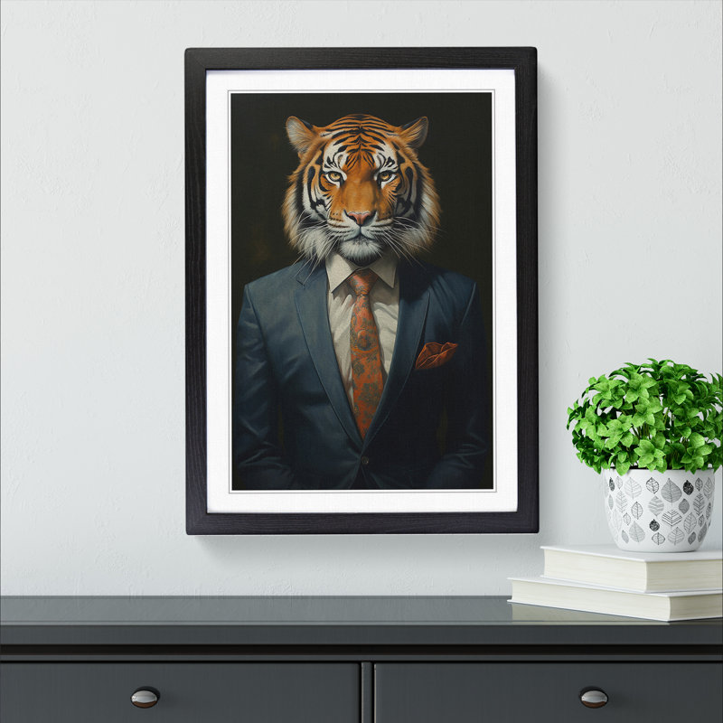 Tiger In A Suit Painting - Single Picture Frame Print on Wood, 46cm H x 34cm W x 2cm D, Black