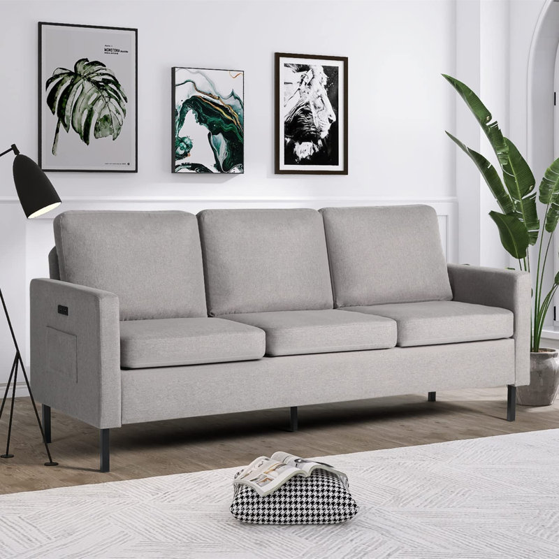 Redi 77" Upholstered Square Arm Sofa with Charging Ports, Light Gray Linen