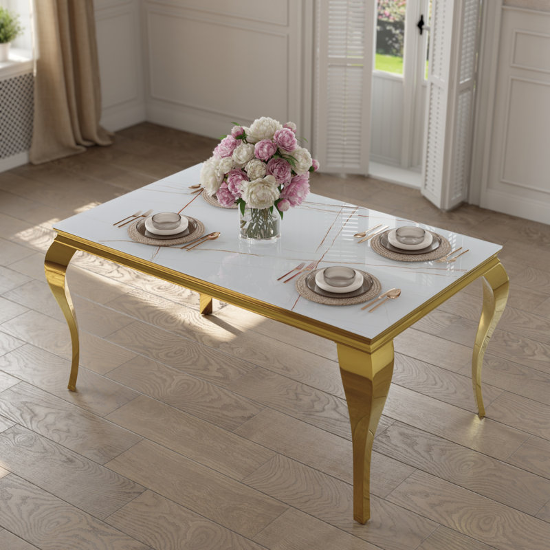 Keiann Glass Top Metal Base Dining Table, Gold