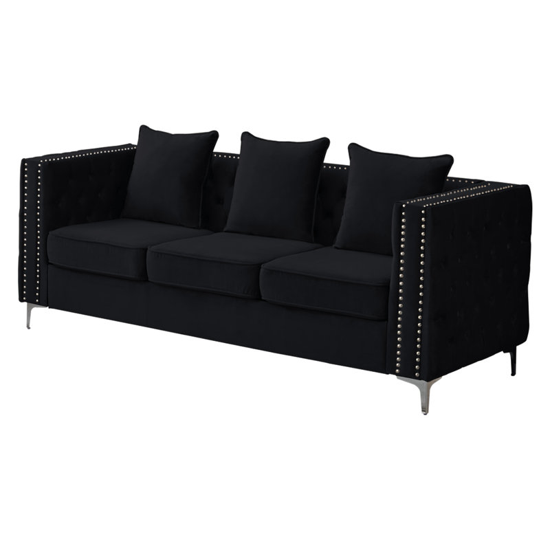 Vanida Charterhouse 86.4" Velvet Tuxedo Arm Sofa, Black