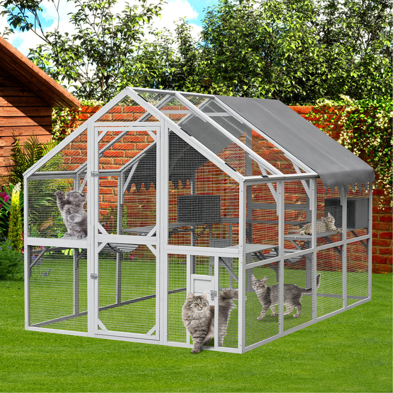 Grand parc pour chat de 110 po - Confortable avec 2 maisons pour dormir et portes coulissantes pour l'extérieur bleu + gris 114,48 po de profondeur, spacieux