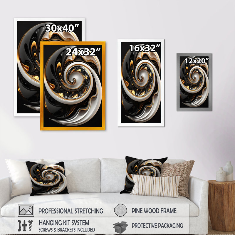 Or et noir vitrail spirale I - reproduction sur toile, H 32 po x l 24 po x P 1 po, Cadre photo noir