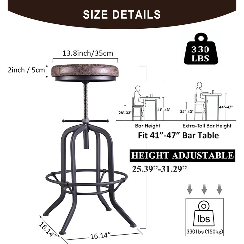Arefa Swivel Upholstered Adjustable Height Counter Stool with Metal Frame, Black
