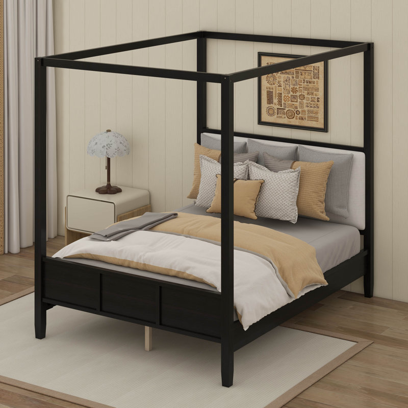 Lit plateforme à baldaquin en bois avec tête de lit tapissier, aucun sommier nécessaire, Black, Queen