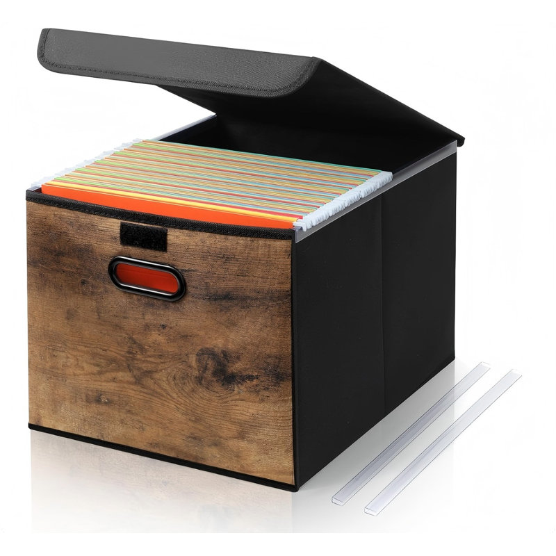 Decorative File Organizer Box With Wood Grain Pattern, Portable File Folder Box With Lid, Easy Slide, Durable Hanging, Collapsible, Polyester, For Letter Legal Storage, Office, Home, Wooden Decor