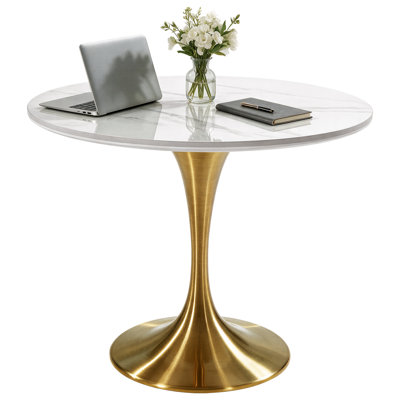 Small Round Conference Table, 35-Inch Sintered Stone Meeting Table with Brushed Gold Pedestal Base for Office and Meeting Room