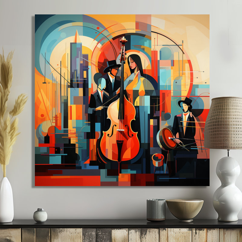 «Geometric Blues Band Double Bass - Musician Wall Art Decor», Toile tendue, H 30 po x l 30 po x P 1 po
