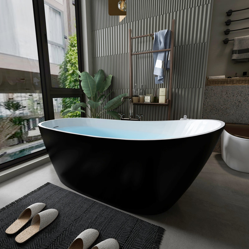 Free Standing Tub 59" Deep Soaking Bath Tub Acrylic Freestanding Bathtub J29B Black Stand Alone Tub