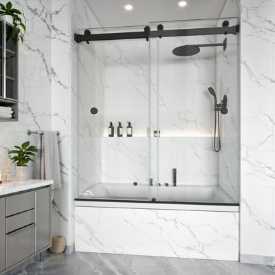 Porte de douche sans cadre Kavrton l 56 po x l 61 po x H 60 po, porte de douche coulissante double en noir mat, verre trempé clair certifié par la SGCC de 3/8 po (10 mm) avec 2 poignées