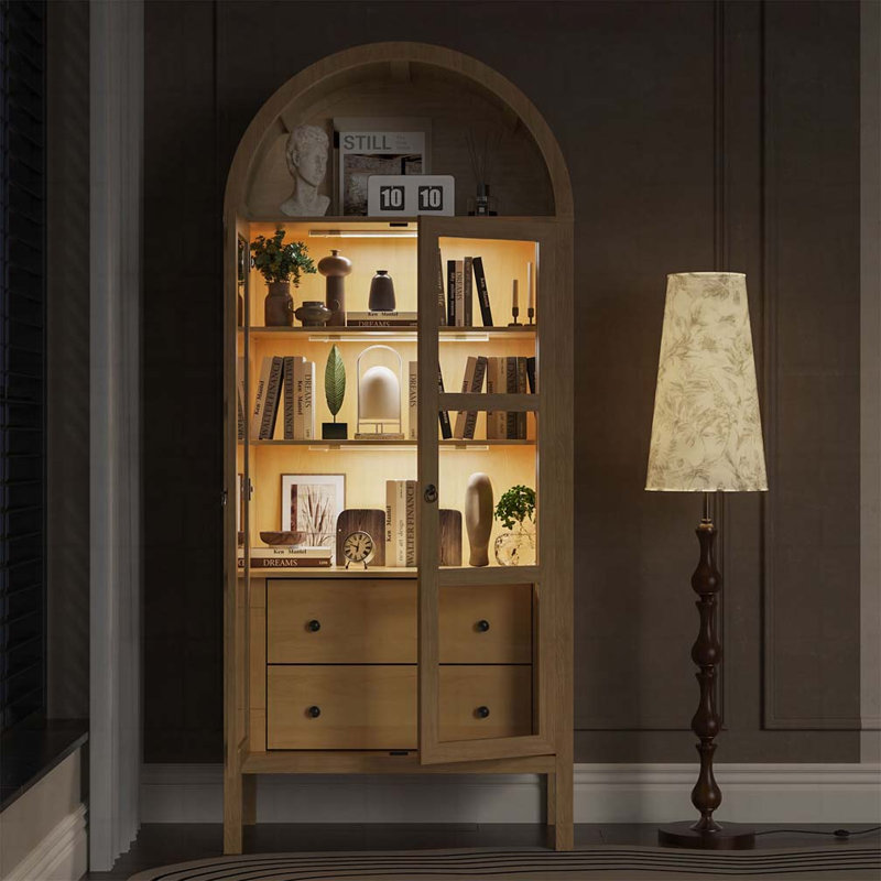 Arched Cabinet with Glass Doors,Height Adjustable Shelf and 2 Drawers, Oak