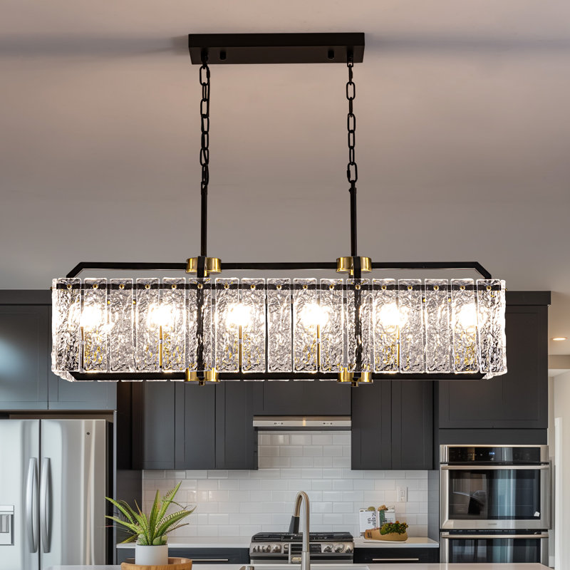 Demeko 6/7 - Light Dimmable Kitchen Island Pendant Square / Rectangle Chandelier, 11.2"H x 39.2"W x 11.8"D, Matte Black/Gold