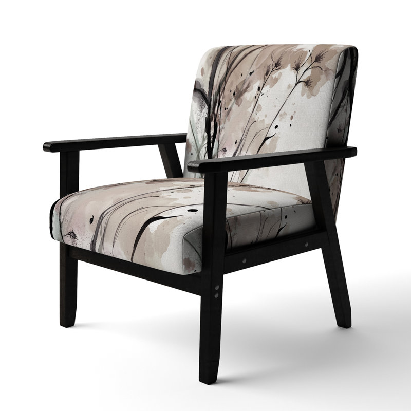 Abstract Orange Flowers - Upholstered Traditional Accent Arm Chair, Beige/Black/White, Black