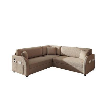 85.1" L-Shaped Sofa Couch with Pull-Out Bed,Oversize Convertible Sleeper Sofa with side Pocket & USB Port,Teddy Upholstered Sectional Couches, for Living Room, Apartment, Office,Brown