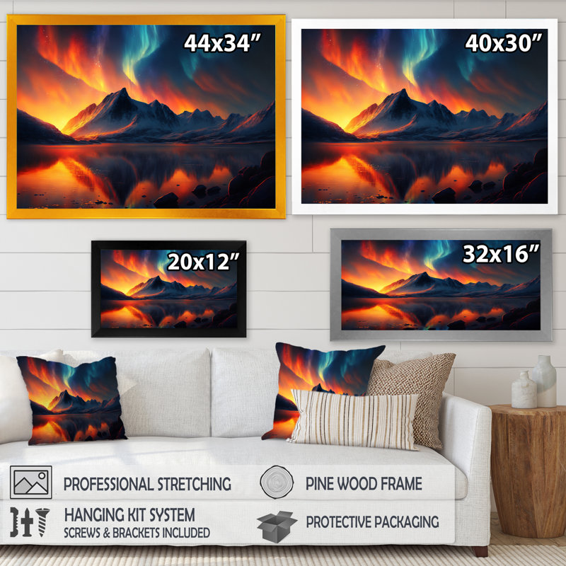 «Beautiful Lake Sunset With Aurora Borealis», reproduction sur toile, Cadre photo noir, H 12 po x l 20 po x P 1 po