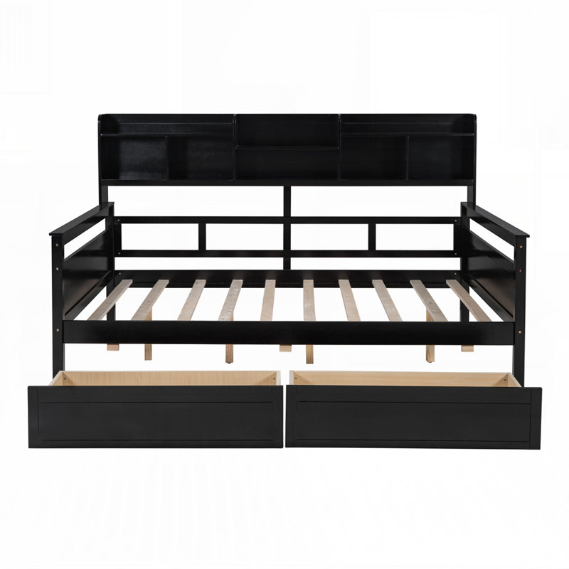 Daybed, Wood Slat Support, with Bedside Shelf and Two Drawers, Espresso, Full