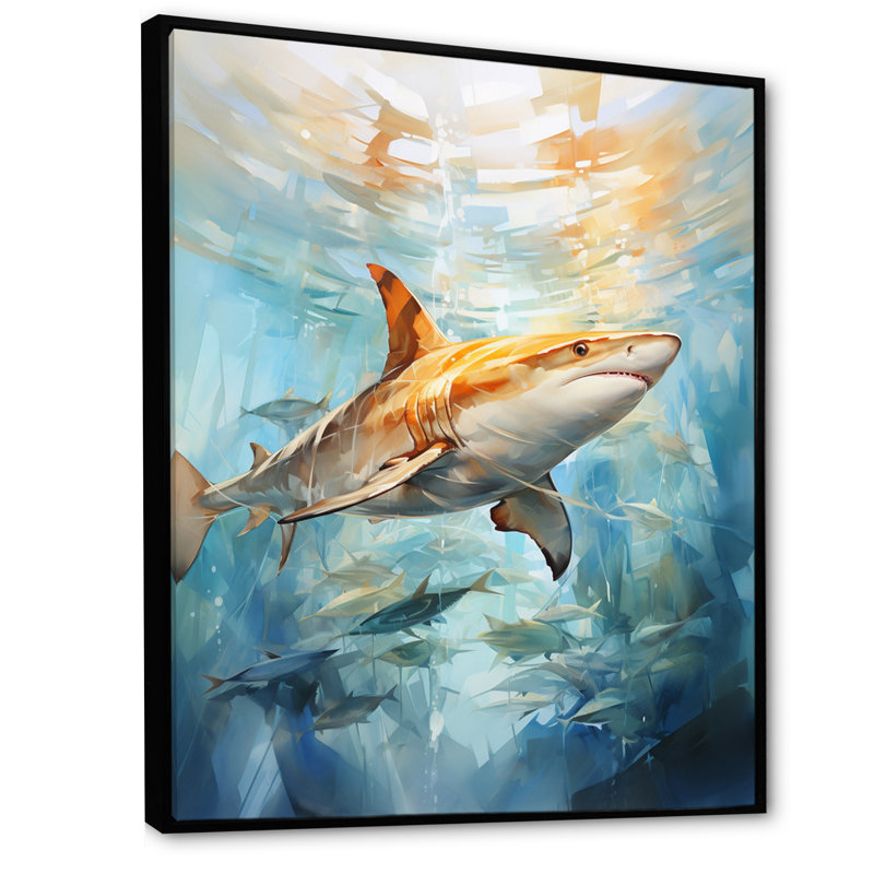 Voile d'aquarelle bleu et beige sur toile, L 24 po x H 32 po, Cadre flottant noir