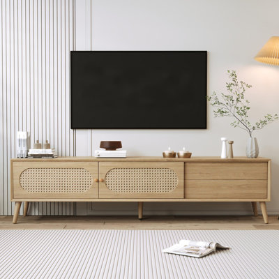 Meuble télé Boho pour téléviseur de 80 po ou moins, console média de style campagne moderne, centre de divertissement avec pieds en bois massif, meuble télé pour le salon, cinéma maison